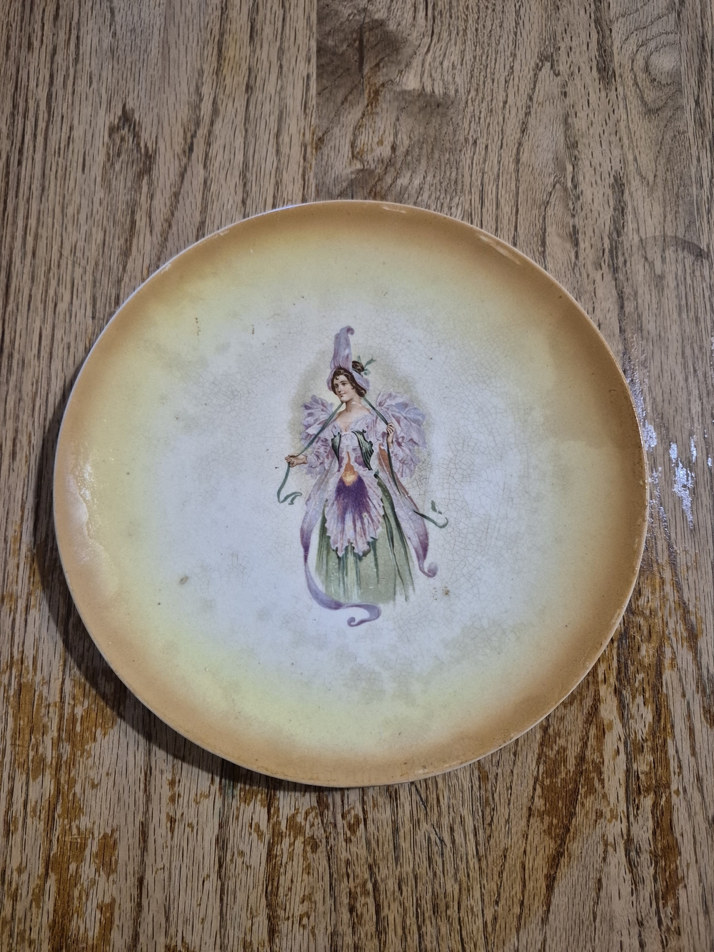 Vintage 1911 Floral Fairy Ceramic Plate - Cream and Pastel Purple
